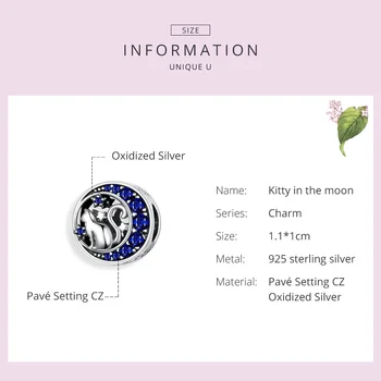 WOSTU Blue Moon Star & Cat мъниста 925 сребро с емайл CZ Чар Fit оригинална гривна висулка САМ изработка на бижута FIC1204