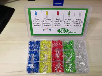 F5MM 5 вида x100pcs=500Pcs 5MM LED Светодиод Kit смесен цвят червен зелен жълт син бял разнообразни набор от PACK + BOX