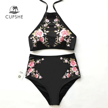 CUPSHE Black Floral Halter Bikini Set Women Секси без гръб Tank High Waist Two Pieces Swimwear 2021 Момиче бански бански костюми
