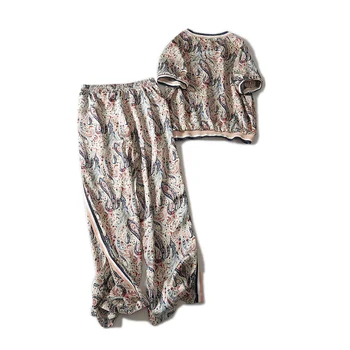 комплект от две части на жена с къс ръкав женски комплект шифон разкроена блузи панталони комплект съкратен топ дамски костюми летни дрехи за жени
