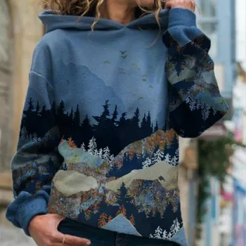 Удебелена нова мода жените пейзаж печат с дълъг ръкав дамски ежедневни пуловер с качулка дамски блузи с дълъг ръкав