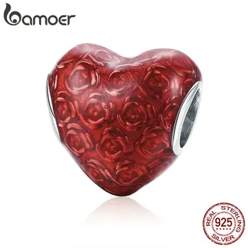 BAMOER свети валентин 925 сребро Червена роза цвете във формата на сърце висулки, мъниста подходящи Чар гривни Валентин бижута SCC1064