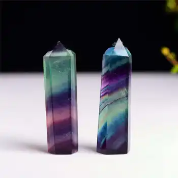 Природен флуорит Crystal цветни райета, флуорит кристални камък точка изцеление шестоъгълен пръчка лечение камък #2o19