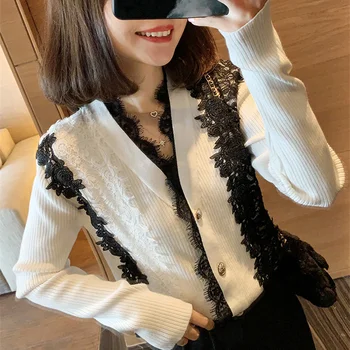 Дантела шевове пуловер есен нова жена мода прилив V-образно деколте блуза темперамент покажи на тънка жилетка палто