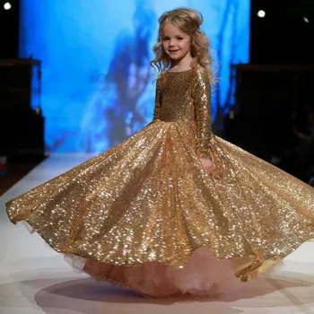 Bling bling златни пайети бална рокля пълничък момиче конкурс Рокля с дълги ръкави малка принцеса на 1-ви рожден ден на рокля