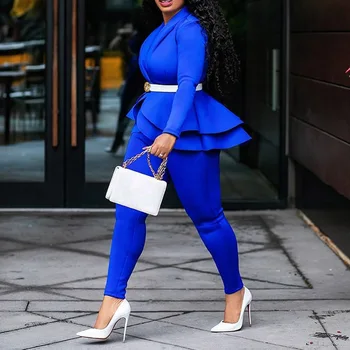 Дамски комплекти от две части, елегантен офис Дама в синьо пристрастие палта на топ панталони ежедневни бизнес Дамски дрехи, костюм без колан 2020 есен