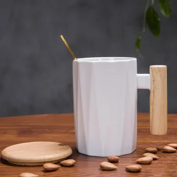 350 мл чаша за творческа дървена дръжка кафеена чаша мода керамика 3 бр комплект чаша самоличността на чаша пара чаша с капак, лъжица