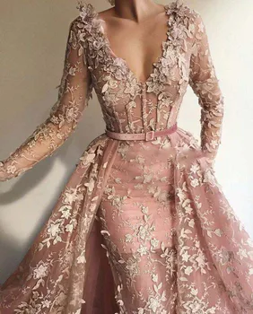 Работа-розови поли Русалка абитуриентски рокли с дълъг ръкав V-образно деколте пълен апликация елегантна вечерна рокля с подвижна влак рокля