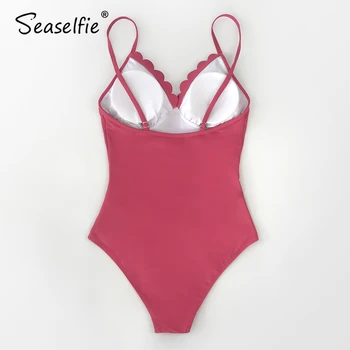 SEASELFIE Секси Scallop V-образно деколте One Piece Swimsuit Woman 2021 Solid Dark Coral Swimsuit Monokini Beach бански плажно облекло