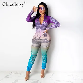 Chicology $ Dollar Print Fashion Jumsuit Есен Зима С Дълъг Ръкав Bodycon Елегантни Тоалети Жени 2020 Секси Club One Piece Body