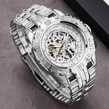 Мода сребро злато автоматични механични часовници за мъже пълен стоманен скелет ръчни часовници Сверхразмерный голям циферблат relogio masculi