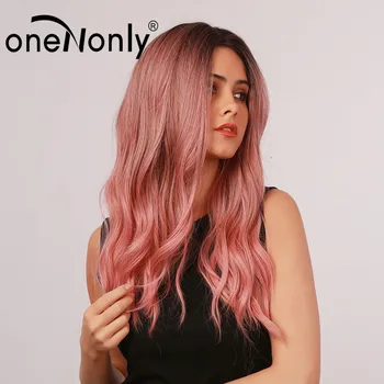 OneNonly Long Ombre Pink Natural Wave синтетични перуки, с тъмни корени средна част за жени cosplay ежедневно косата топлоустойчиви