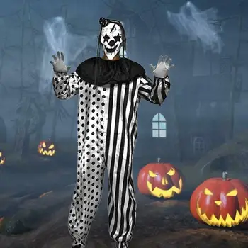 QLQ Хелоуин Men ' s Killer Costume Cosplay Adult Clown гащеризон с латекс, маска Performance Scary White&Black Stripe Clown