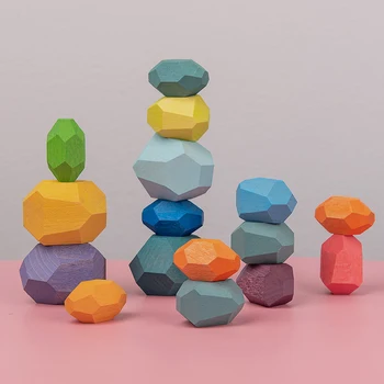 Децата Цветен Камък Дженга Стифиране Блокове Образователна Играчка Творчески Скандинавски Стил Дъга Камък, Дървени Блокове На Детски Дървени Играчки