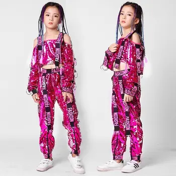 Songyuexia New sequins children perform jazz dance costumes dance girls Jazz без презрамки с дълъг ръкав хип-хоп дрехи хип-хоп танц