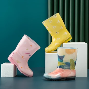 Висококачествено бебешко дъждовна обувки PVC цветен живопис водоустойчиви ботуши за деца момчета момичета нескользящая модни детски обувки Блатни
