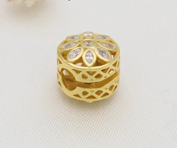 Anomokay модерен златен цвят, цвете Чар бутон заключване с бял Кристал 925 Сребърен накрайник мъниста