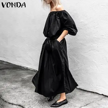Плюс размер рокля VONDA 2021 Women Long Party Maxi Party Dresses Vintage Solid Robe Femme чешки сарафан Casual Vestidos