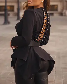 Твърди секси облегалката дантела-Up дизайнерски офис блуза с колан