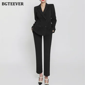 BGTEEVER офис женски тоалети женски брючный костюм двубортный яке и тънки панталони женски комплект от 2 части 2020 есента блейзър комплект