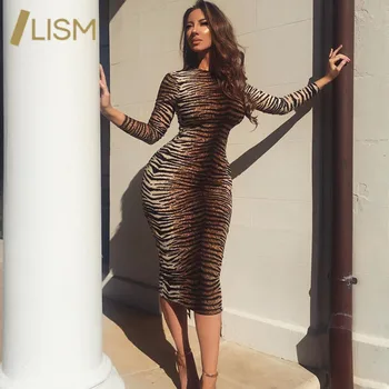 LISM Тигър, Леопард печат поло рокля реколта Bodycon Party Dress Секси нощен клуб с дълъг ръкав Dress Vestido Feminino