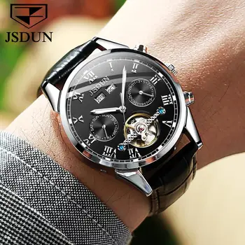 Мъжки часовник JSDUN Top Brand кожена хронограф водоустойчив Спорт Автоматична дата на Механични ръчни часовници за мъже