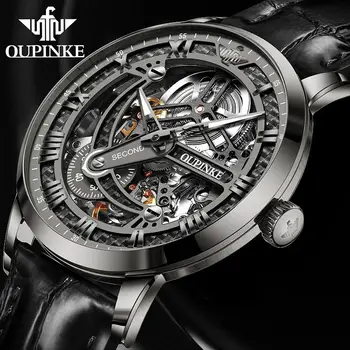 Топ марка OUPINKE луксозни мъжки механични ръчни часовници, автоматични часовници за мъже класически скелет на кожата Сапфир водоустойчив 50ATM 3173