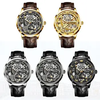 Топ марка OUPINKE луксозни мъжки механични ръчни часовници, автоматични часовници за мъже класически скелет на кожата Сапфир водоустойчив 50ATM 3173