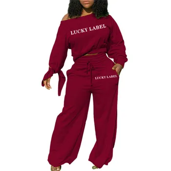 Лъки Label Two Piece Set дамски спортни костюми за жени есен облекло спортен костюм лук листенце ръкав свободни панталони на едро дропшиппинг