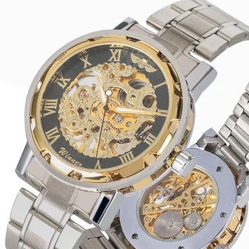 Победител гледат мъжете скелет ръчно завод механичен часовник gold skeleton от неръждаема стомана групата мъжки часовници марка луксозни reloj Hombre