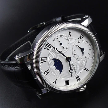 Parnis 42 милиметра Handwind механични часовници мъжки ръчен корпус от неръждаема стомана Кожена каишка водоустойчив GMT Moon Phase ръчен часовник мъжки