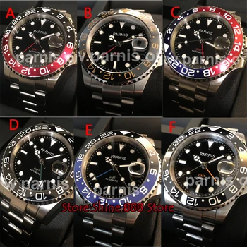 40 мм черен циферблат Parnis Керамични въртящи bezel сапфирен кристал керамични bezel GMT автоматично мъжки часовник