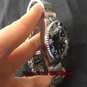 40 мм черен циферблат Parnis Керамични въртящи bezel сапфирен кристал керамични bezel GMT автоматично мъжки часовник