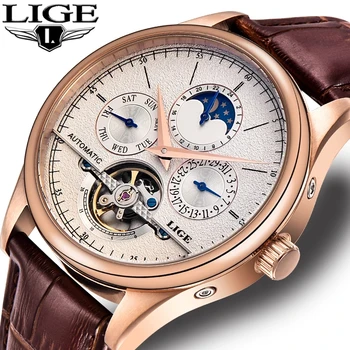 Марка LIGE класически мъжки ретро часовници автоматични механични часовници tourbillion часовници естествена кожа водоустойчив военни ръчен часовник
