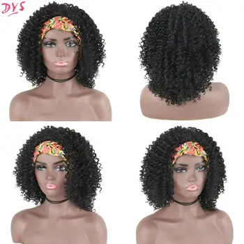 Лента за глава с перука къса синтетични перуки афро извратени къдрава перука за жени черен натурален афро къдрава тюрбан Wrap-перука висока температура на косата