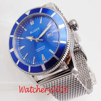 Bliger 46 мм, син циферблат нажежен въртящи bezel автоматични механични мъжки часовник