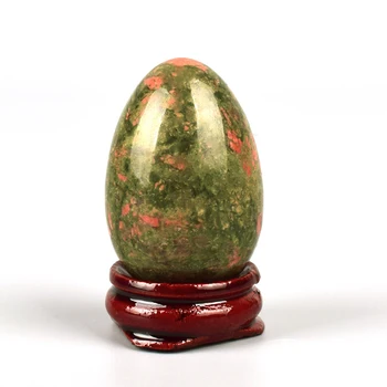 1 компл. натурален Унакит скъпоценен камък яйце форма на масаж на камък с дървена основа 30 * 20 мм украса за вашия домашен офис