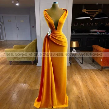 Ангел NOVIAS дълги жълти V neck Русалка дантела вечерни рокли 2021 жени вечерни рокли, абитуриентски Vestidos De Fiesta