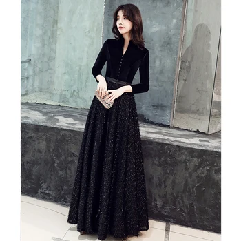 It ' s Yiiya Black Evening Dress V-образно деколте Botton Solid Patchwork Sequined Robe De Soiree K362 Three Quarter Sleeve Evening Dress 2020