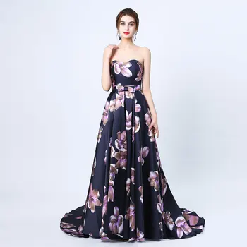 2019 Секси Sweetheart Printing Flower Black Satin Evening Dress The Bride Banquet Court Long Train Prom Парти Рокли