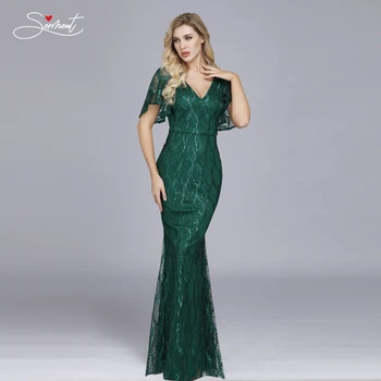 Дамски V-образно деколте, бродирани Висока Талия тръба дълга парти рокля темперамент вечерна рокля Кралския зелена рокля за момичета