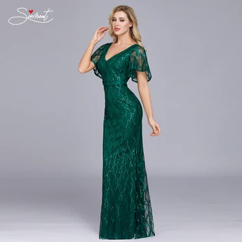 Дамски V-образно деколте, бродирани Висока Талия тръба дълга парти рокля темперамент вечерна рокля Кралския зелена рокля за момичета