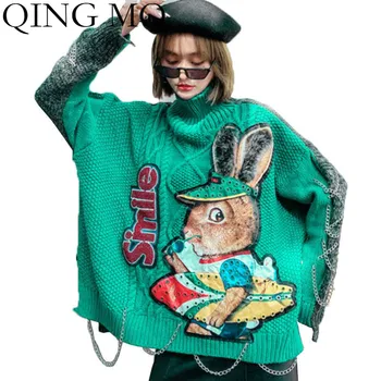 Кинг-П зелен женски карикатура на печатни пуловер 2021 жени поло вязаный пуловер женски лоскутный пуловер ZQY6349
