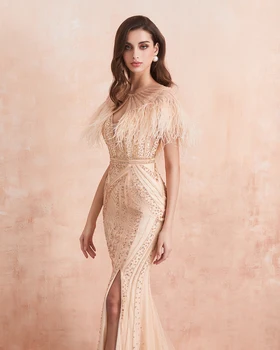 Луксозни перо във вечерни рокли 2020 с Нос злато Бургундия сребро Crystal брачна рокля русалка Абитуриентски рокли церемония
