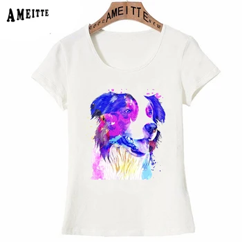 Хладен collie изкуство акварел принт тениска лятна мода жените тениска сладко момиче с ежедневни блузи любители на кучета прости бели тениски