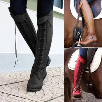 Жените ретро коляното ботуши от дантела-високо качество на ПУ платформа ботуши за езда женски Zip нисък квадратен ток плюс размер Footwears дами