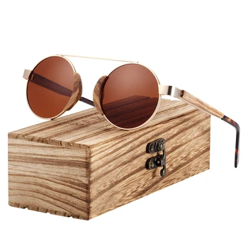 Слънчеви очила BARCUR Rouond дървени поляризирани слънчеви очила за жени, мъже с оригинална опаковка