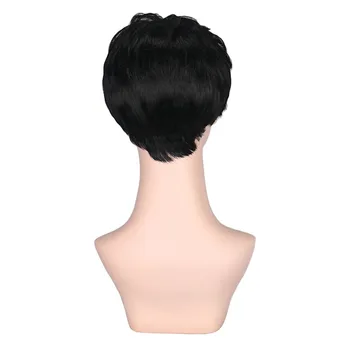 QQXCAIW къса перуки от естествена вълна за жени натурален черен цвят, устойчиви на топлина синтетичен косъм перуки