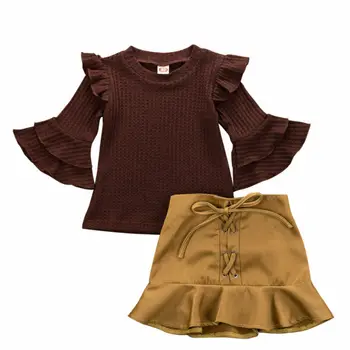 2 елемента бебе момиче звънец ръкав памук върховете риза + мини пристрастие пола обличам украшение комплект Sunsuit 2 бр есен облекло