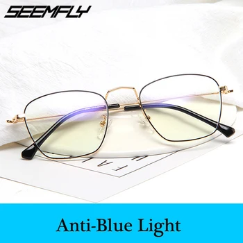 Seemfly анти-синя светлина слънчеви очила рамка жени големи метална рамка очила радиационно-устойчиви квадратни компютърни мъжете точките